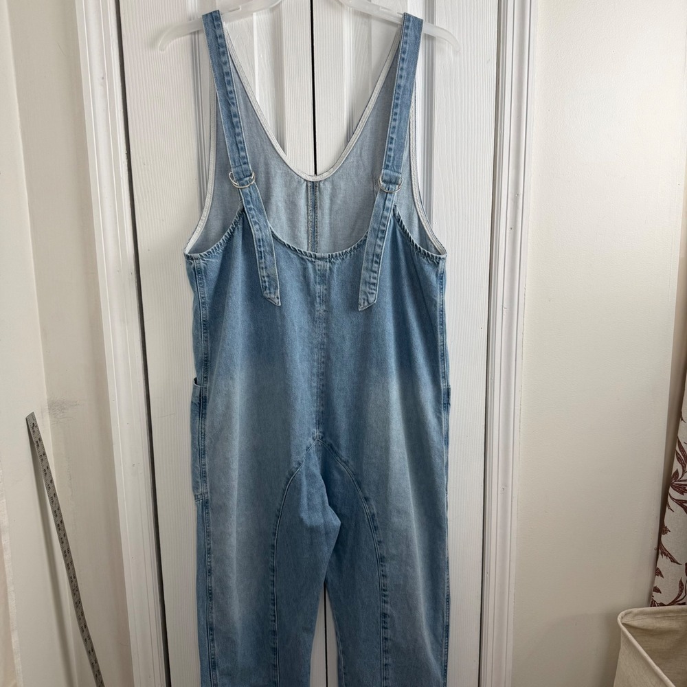 Free People High Roller Denim Overalls Medium Blue Boho Slouchy Harem Jumpsuit - Picture 7 of 12